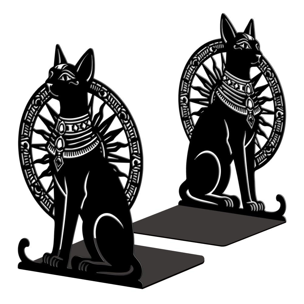 Peacoblue Metal Bookends for Shelves, Modern Decorative Heavy Duty Study Book Ends Stoppers for Office, Desk, Shelf, Room 5.3"x4.3"x7.9" Cast Iron Simple Tall Bookends 1 Pair (Egyptian Cat)