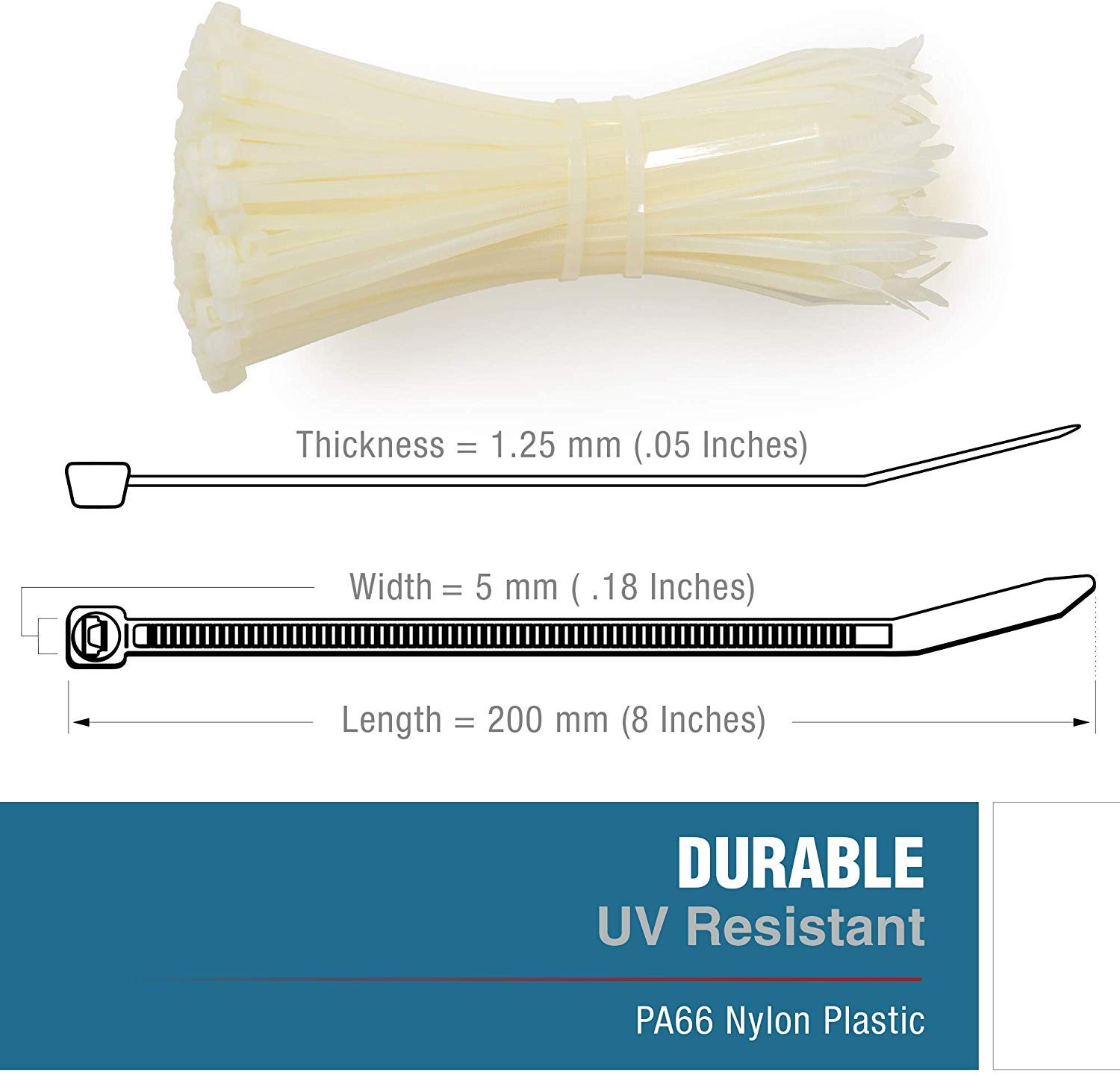 1000 Stück Weiße Nylon-Kabelbinder 20,3 Cm (8 Zoll), Selbstschließend, Robust Für Innen & Außen