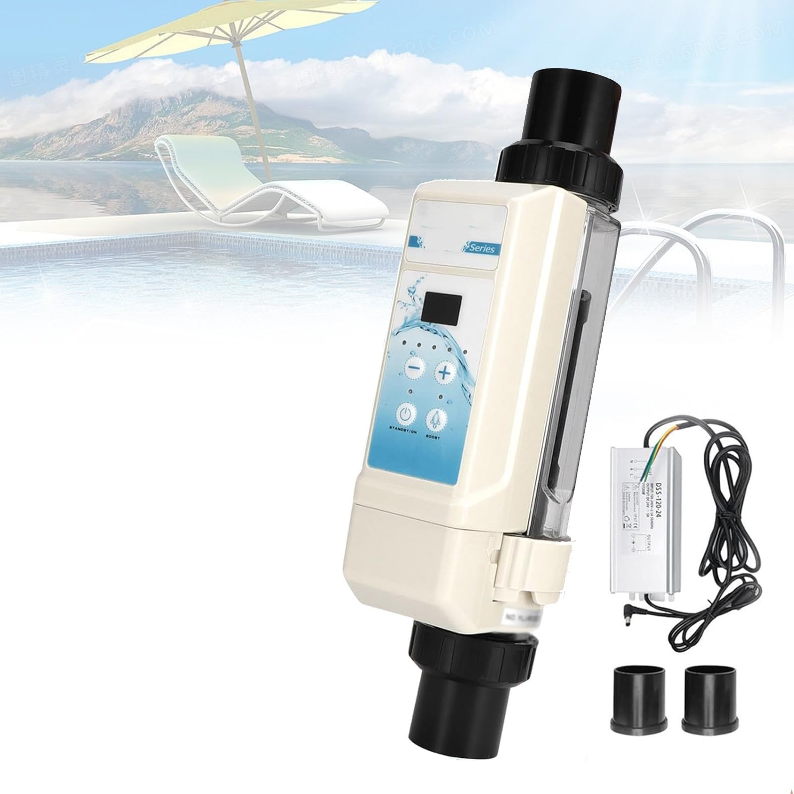 Chlorator solny, system generatora chloru do basenu solnego, 85 m³/20 g/h, wbudowane Wi-Fi i zdalne sterowanie za pomocą aplikacji, uzdatnianie wody w basenach. EC8