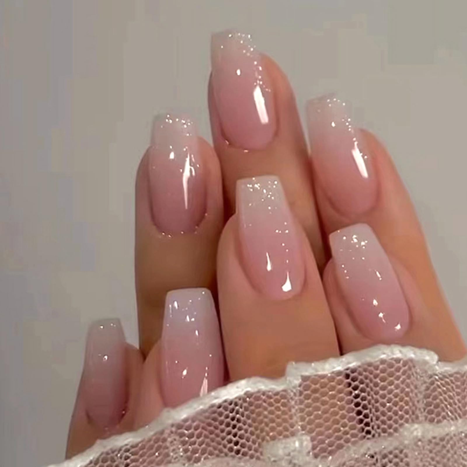24Pcs Medium Coffin Press on Nails, Glossy Gradient Nude Pink Fake Nails Cute Short False Nail Glitter Design Acrylic Glue onNails for Women Girls Artificial Fingernails