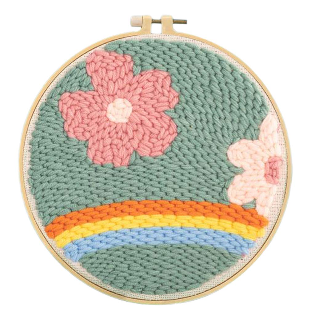Punch Needle Kit with Punch Bamboo Embroidery Hoop DIY Craft Rainbow Flower