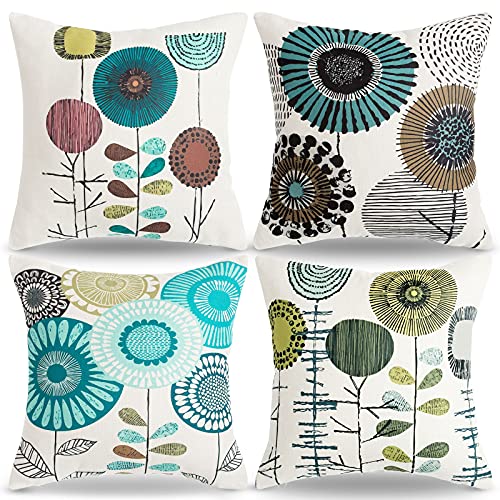 RYBornament 4er Set Kissenbezüge 45 x 45 Blumen Kissenhülle Sommer Dekokissen Sofakissen Kissen Blau Abstrakt Kissenbezug Vintage Bauernhaus Leinen Kissen Bezug Für Sofa Wohnzimmer Garten