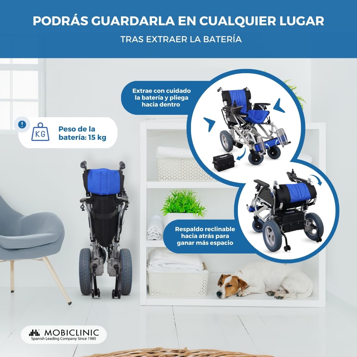 Mobiclinic®, Silla de ruedas eléctrica plegable, 20 km autonomía, 2 baterías gel 24v/200w*2, Aluminio, Ultraligera, 35 kg peso sin, Hasta 120, Con marcha atrás, Joystick ambidiestro