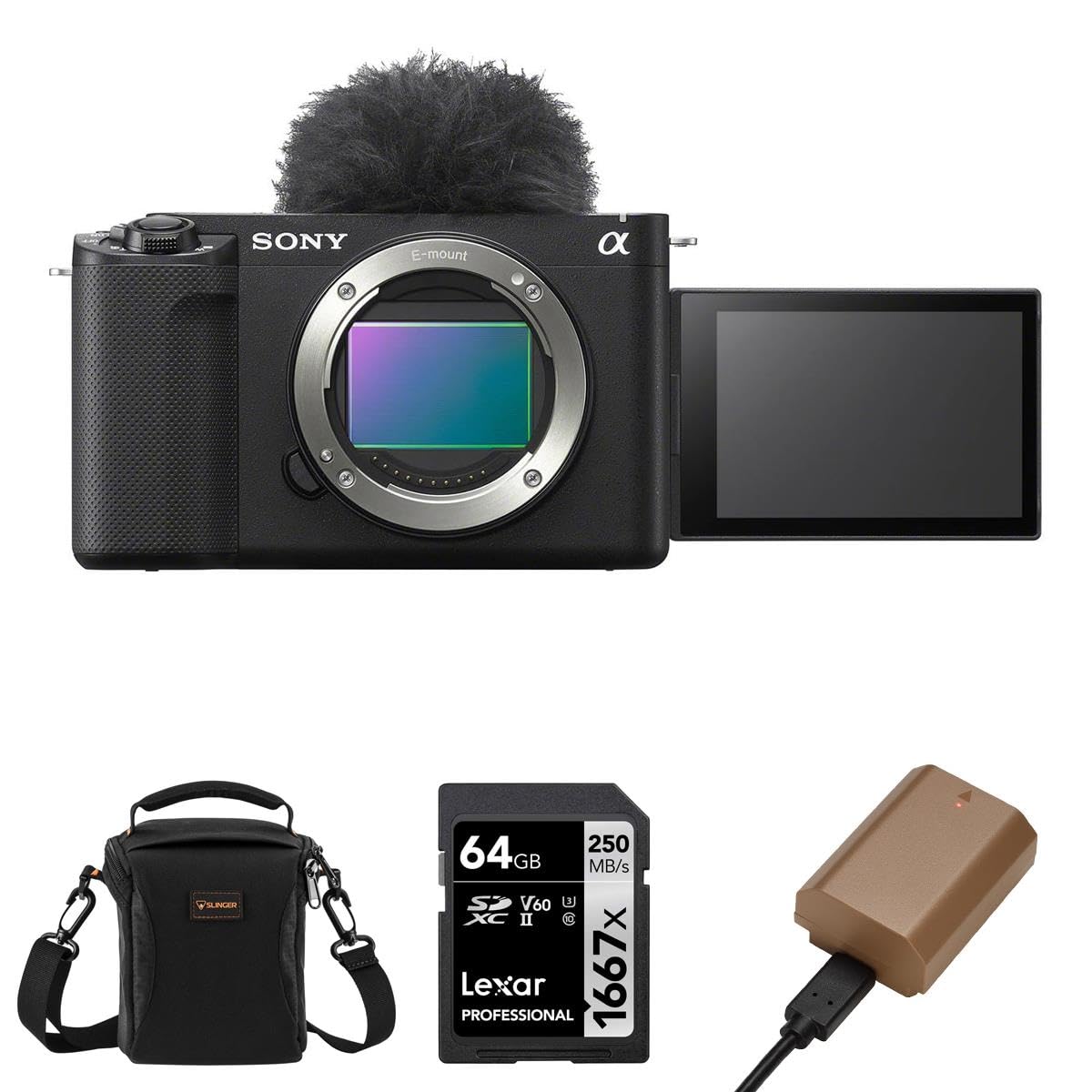 Sony ZV-E1 Full-Frame Interchangeable Lens Mirrorless Vlog Camera, Black - Bundle with Alpine 120 Shoulder Bag, 64GB UHS-II SDXC Memory Card, Extra Battery