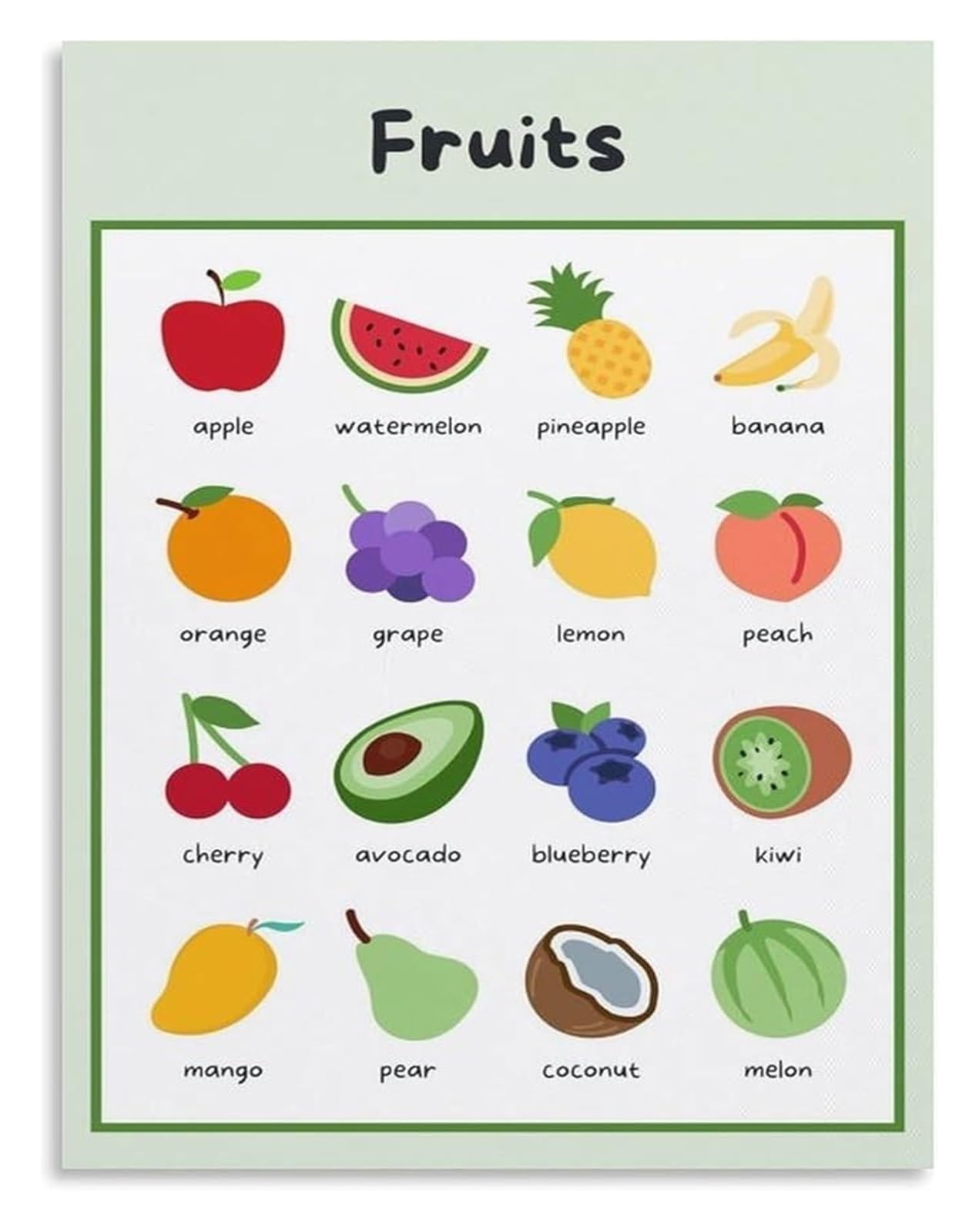 MDBJTCYZN Toddler Learning Poster Fruits Vocabulary 16 Colorful Flashcards For Preschool Homeschool Classroom Wall Decor(Unframed,12x18inch(30x45cm))