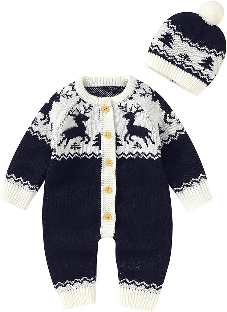 HEZIOWYUN Newborn Baby Boys Girls 2pcs Christmas Knit Sweater Romper Reindeer Onesie Jumpsuit Overall with Hat Set