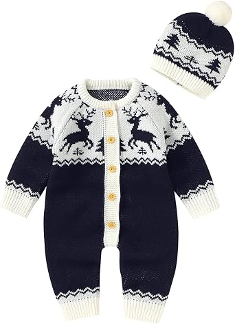Newborn Baby Boys Girls 2pcs Christmas Knit Sweater Romper Reindeer Onesie Jumpsuit Overall with Hat Set