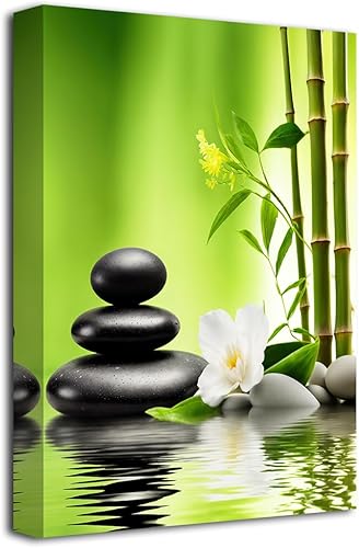 LZIMU Arte de pared zen para decoración de baño, piedra zen, bambú y flores blancas, impresiones en lienzo de meditación zen para yoga, decoración