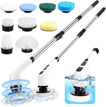 WDFAACK Electric Spin Scrubber,Cordless Spin Scrubber for Cleaning with 8 Replaceable Brush Heads,Shower Scrubber with Adjustable Detachable Handle for Bathroom,Kitchen