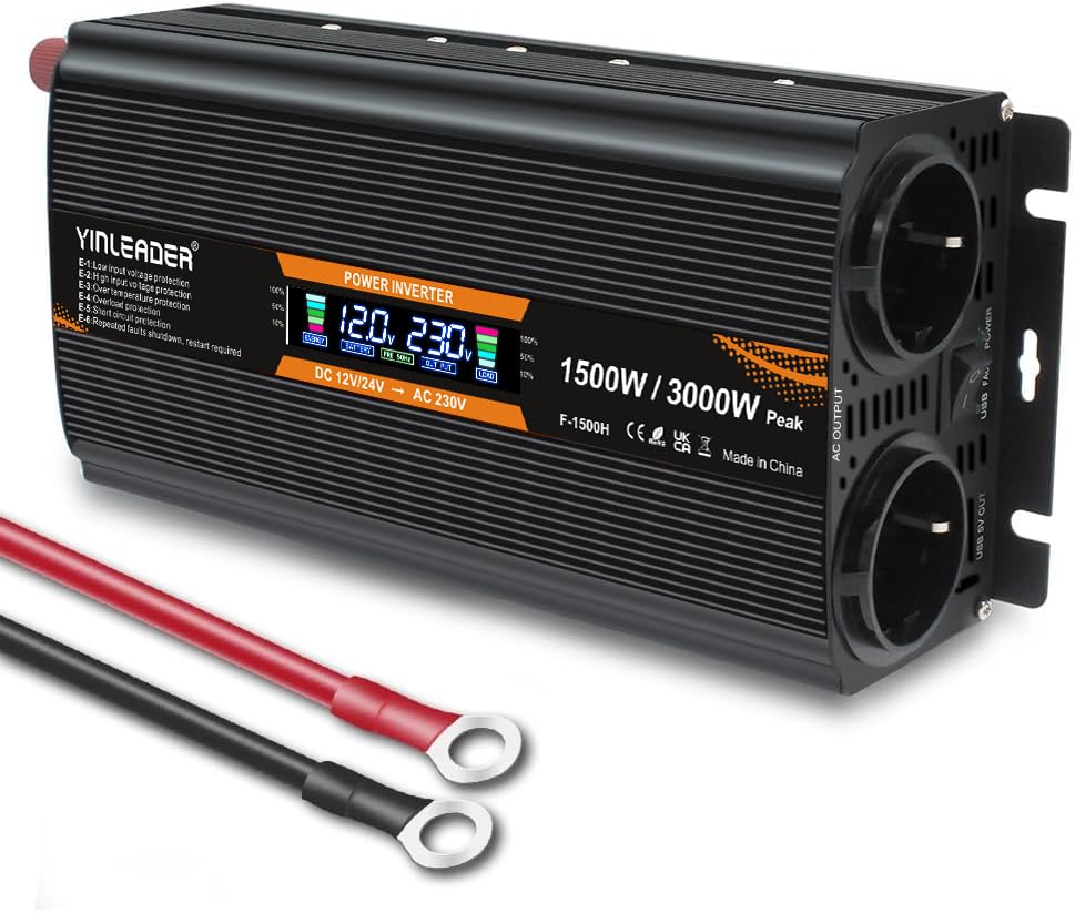 Yinleader 1500W/ 3000W 12V /24V auf 230v KFZ Spannungswandler-Auto Wechselrichter Auto Spannungswandler KFZ Inverter mit 2 EU Steckdosen und LCD Display Zigarettenanzünder für Auto Wohnmobil Camping