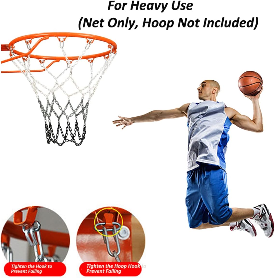 Heavy Duty Thick Chain Basketball Net, 0.12” Steel Anti-Rust Outdoor Hoop Net, Indestructible Metal Basketball Net for Playground & Park