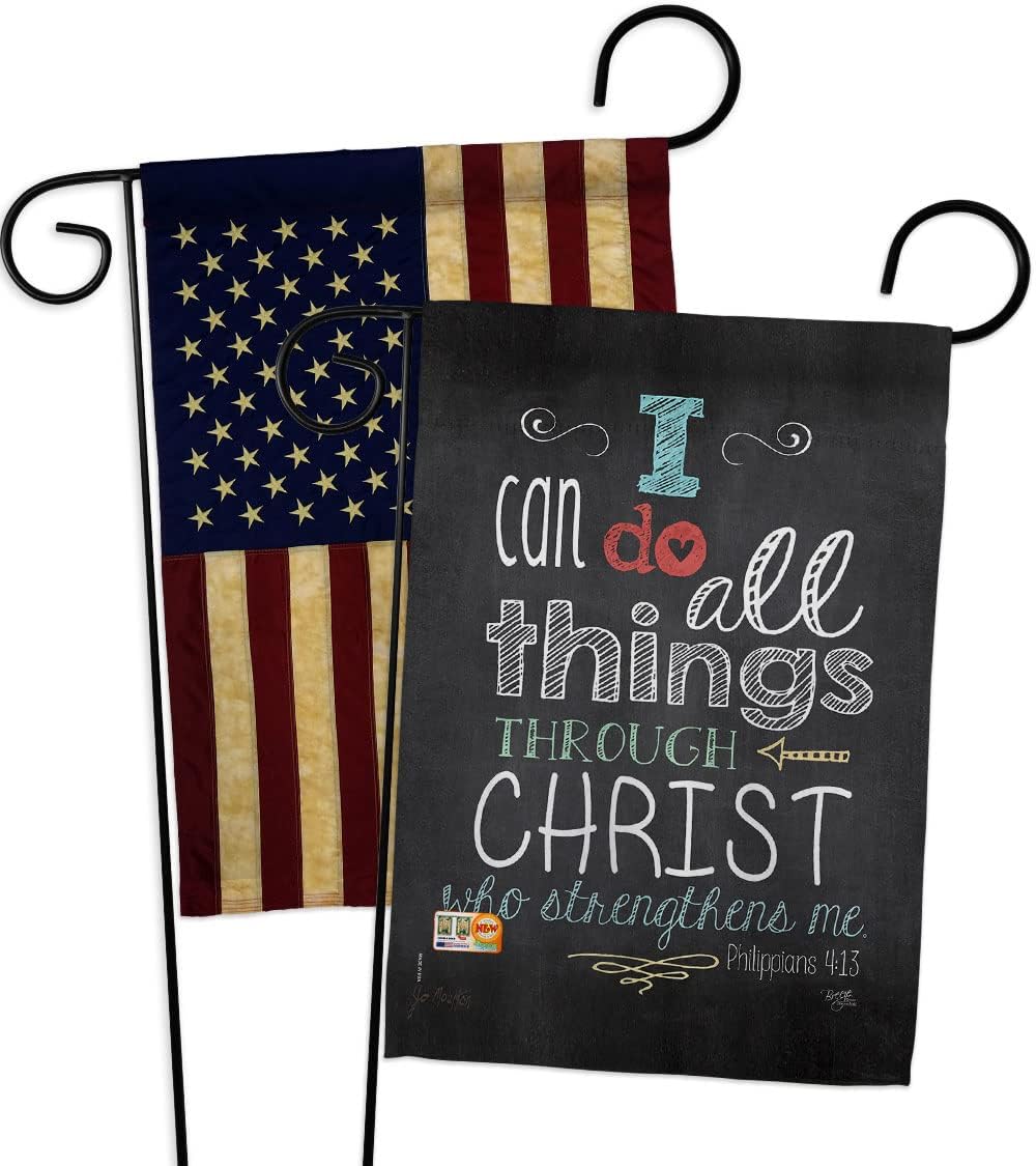 All Things Through Christ Garden Flags 2pcs Pack Religious Bible Verses Bless Faith Thank Hope Pray Christian Religion Small Decorative Gift Yard House Banner Double-Sided Made In USA 13 X 18.5