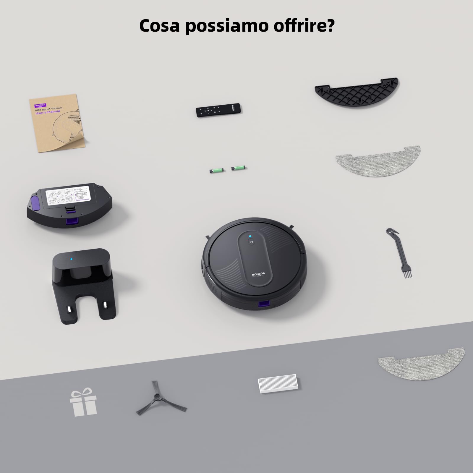 MONSGA Robot Aspirapolvere Lavapavimenti 3-in-1 4000Pa, Autonomia 140min, Anti-groviglio, Ricarica Automatica, Controllo App/Telecomando/Alexa, Silenzioso, Per Peli Animali, Pavimenti e Tappeti