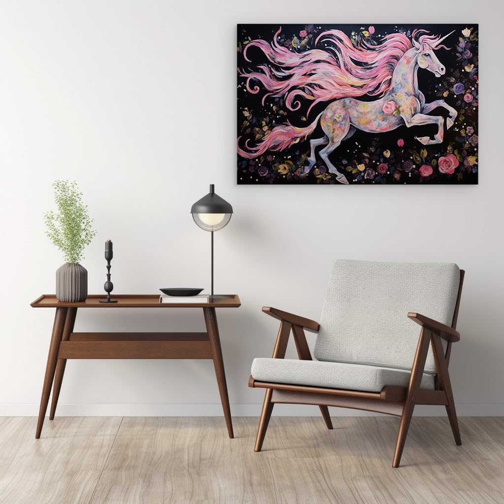 Majestic Unicorn Amidst Lush Florals, A Gateway to Magical Realms Large, Decor, Office, Bedroom,. Size: 130x86 cm (51x34 inch) Canvas Wall Art - Botanical Home Decor - 69x46 cm (27x18 inch)