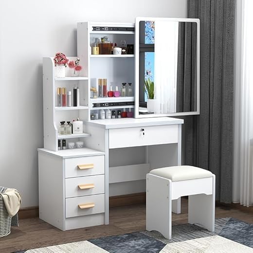 Dressing Table with Mirror and Stool, Vanity Table with LED Lights and Adjustable Brightness, Vanity Desk with Mirror, 6 Hidden Shelves, Makeup Desk for Bedroom, White (4 Drawers & Lighted Mirror)