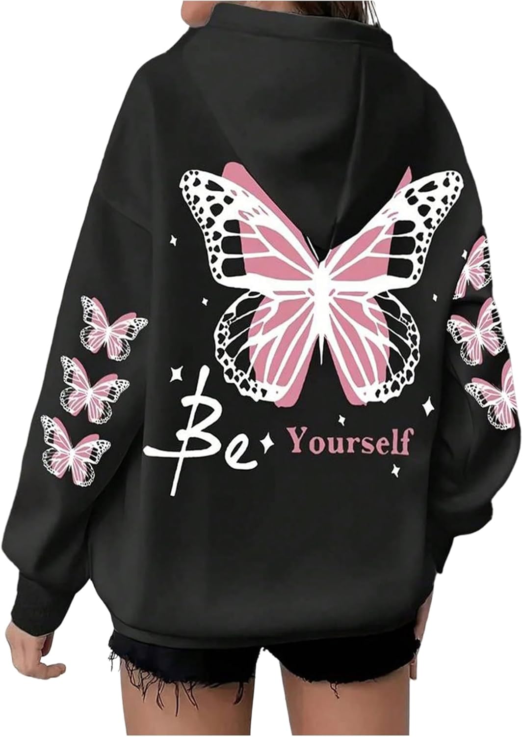 SweatyRocks Women's Plus Size Oversized Graphic Butterfly Print Hoodie Sweatshirt Loose Pullover Tops with Pocket