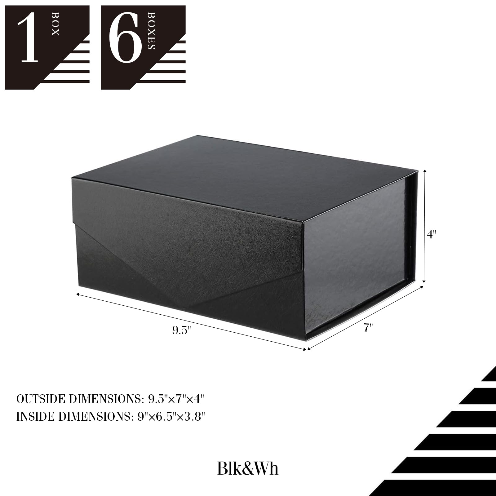 BLK&WH Lot de 6 boîtes cadeaux pliables avec couvercles à fermeture magnétique pour emballage cadeau, noir brillant avec texture herbe, 22,9 x 16,5 x 9,6 cm
