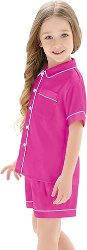 Miniatura 6 de SWOMOG Conjunto de pijama unisex de satén de seda para niños y niñas, conjunto de pijama con botones, ropa de dormir de manga corta, 2 piezas