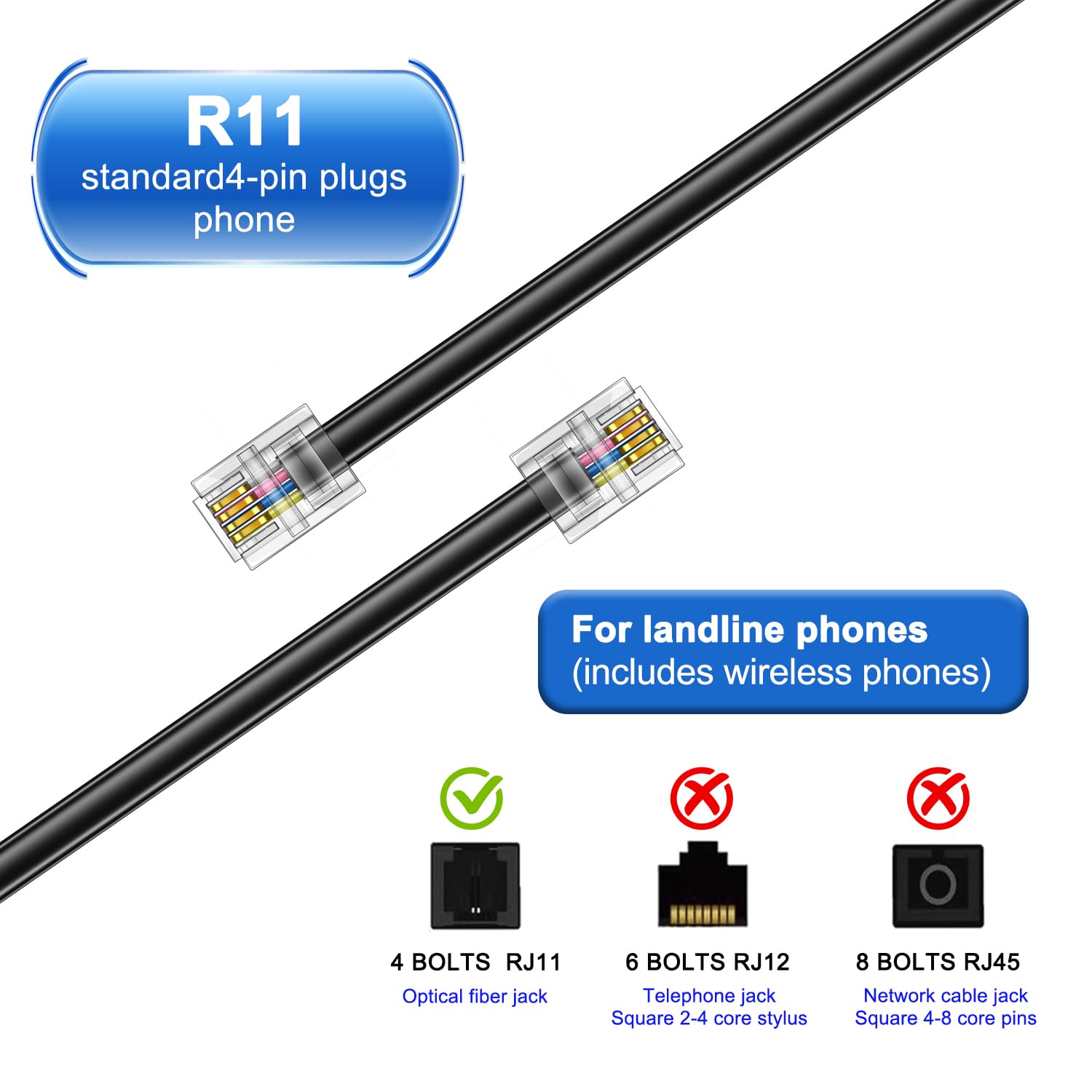 Paquete de 4 cables de extensión para teléfono, cable de teléfono con enchufe RJ11 estándar (6P4C), negro, para teléfonos fijos, fax, módems, contestadores automáticos
