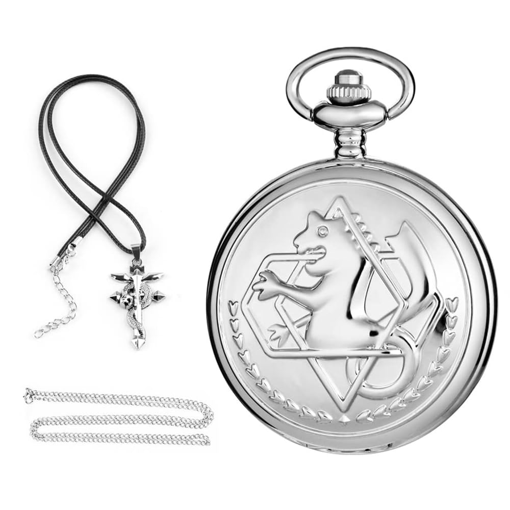 TiongRetro Silver Quartz Pocket Watch Men Fashion Japanese Anime Full Metal Alchemist Necklace Fob Watches