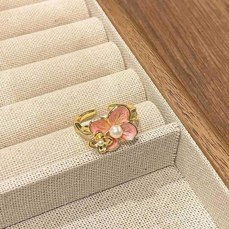Sweet Peach Blossom Flower Pearl Open Statement Ring for Women Dainty Cute Pink Enamel Petals Floral Adjustable Band Gold Plated Finger Rings Wedding Engagement Promise Comfort Fit Stackable Jewelry4