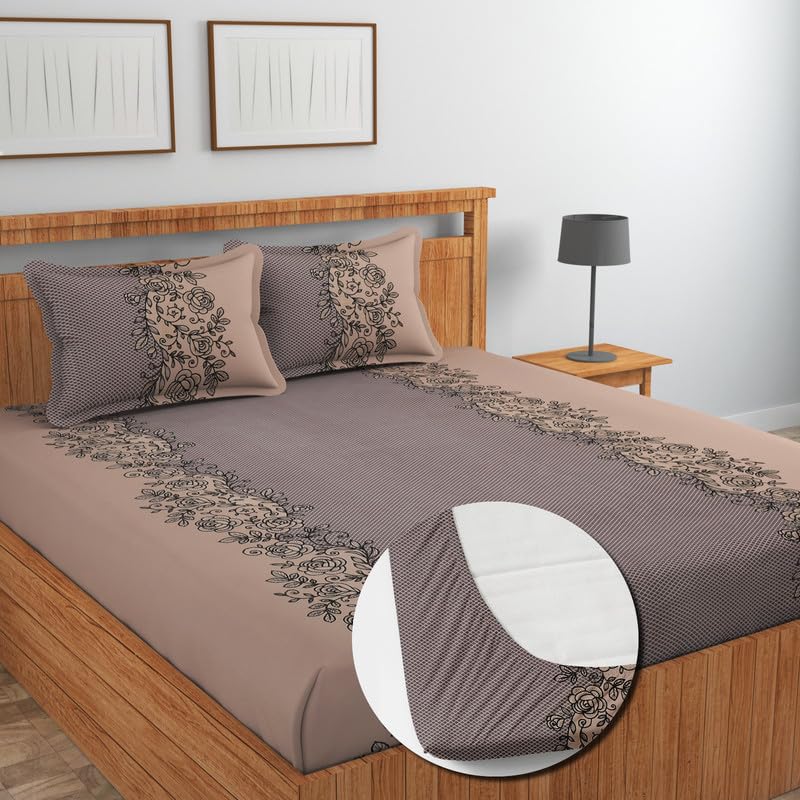 Image of NEW LEAF Glace Cotton Fitted King Size Double Bedsheets with 2 Pillow Covers | Elastic Fitted | Wrinklefree | Ultrasoft |Winter Bedsheet 220 tc tc Floral | 78 x 72+10 Inches, Mouse