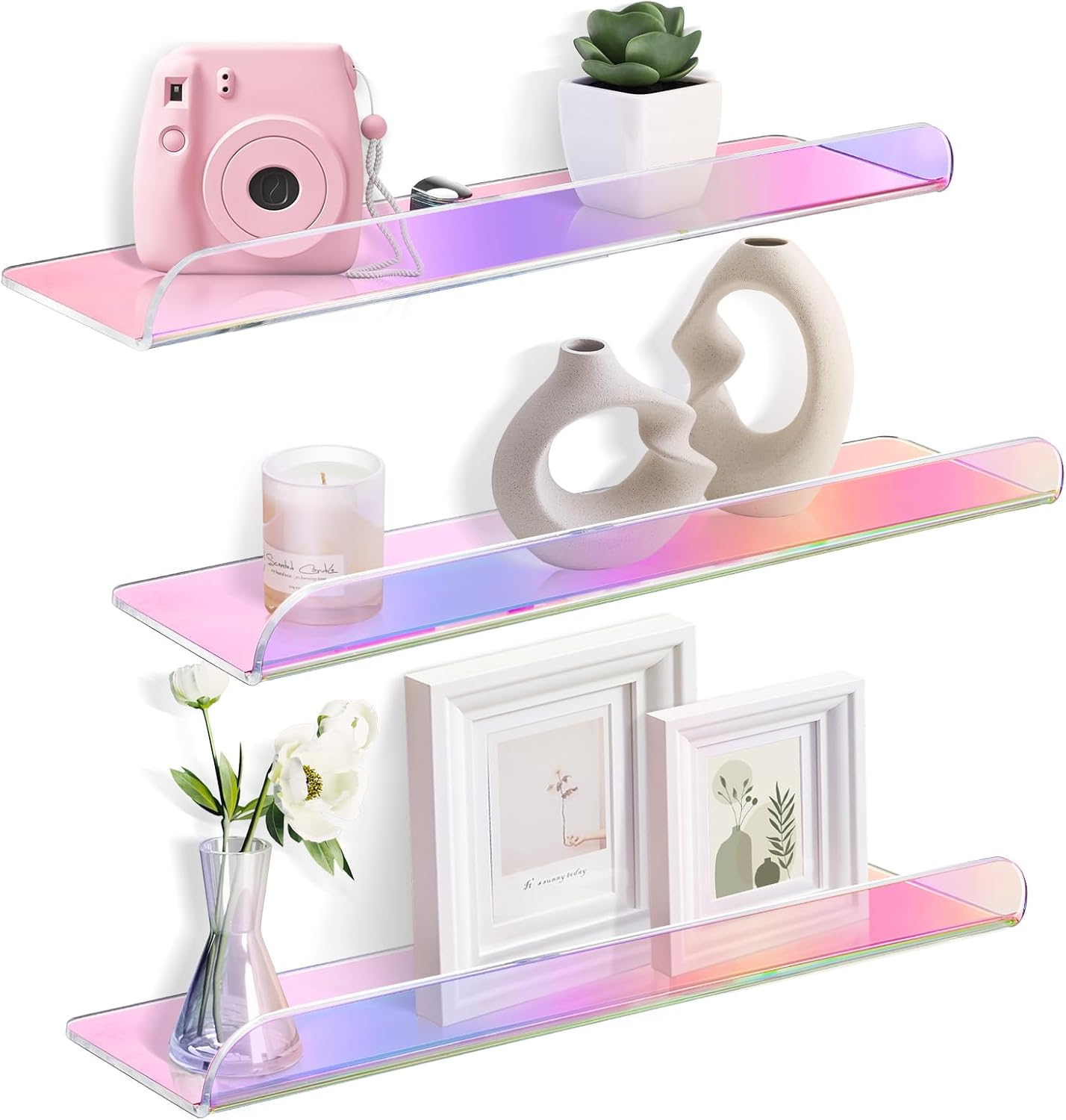 15 Inch Acrylic Floating Shelves for Wall Decor, 3 Pack Iridescent Acrylic Shelves for Bedroom Kitchen Office Nursery, Stylish Wall Mounted Vinyl Record Holder, Magazine Rack, Picture Ledge