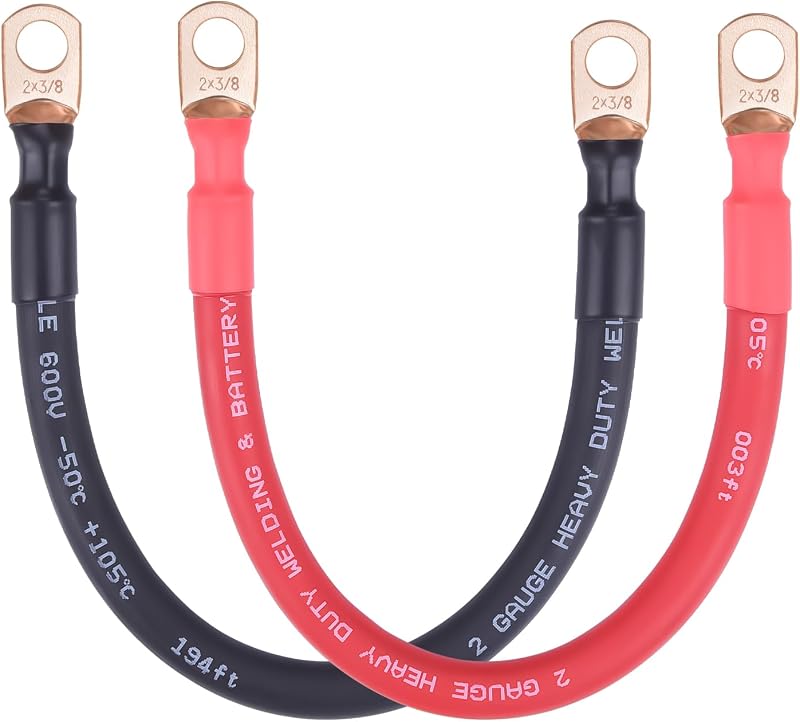 Cabo de bateria iGreely 2 AWG em cobre puro com terminais 3/8" – Par vermelho e preto de 30,48 cm