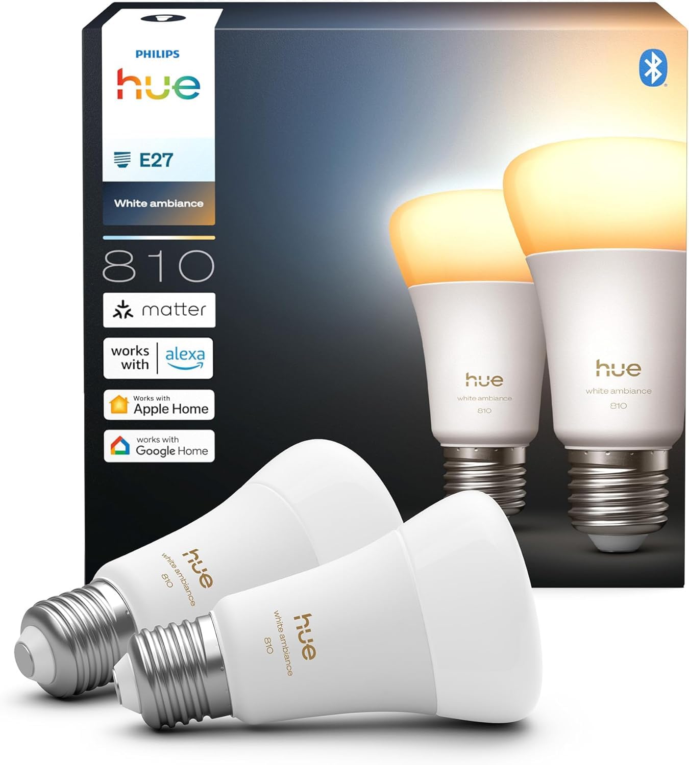 Philips Hue Ampoule connectée LED A60, White Ambiance, Ampoule Philips Hue E27, 6 W, Spectre complet 1000-2000 K, 810 lm, Intensité variable, Compatible avec Alexa, Google et Apple Home, pack de 2