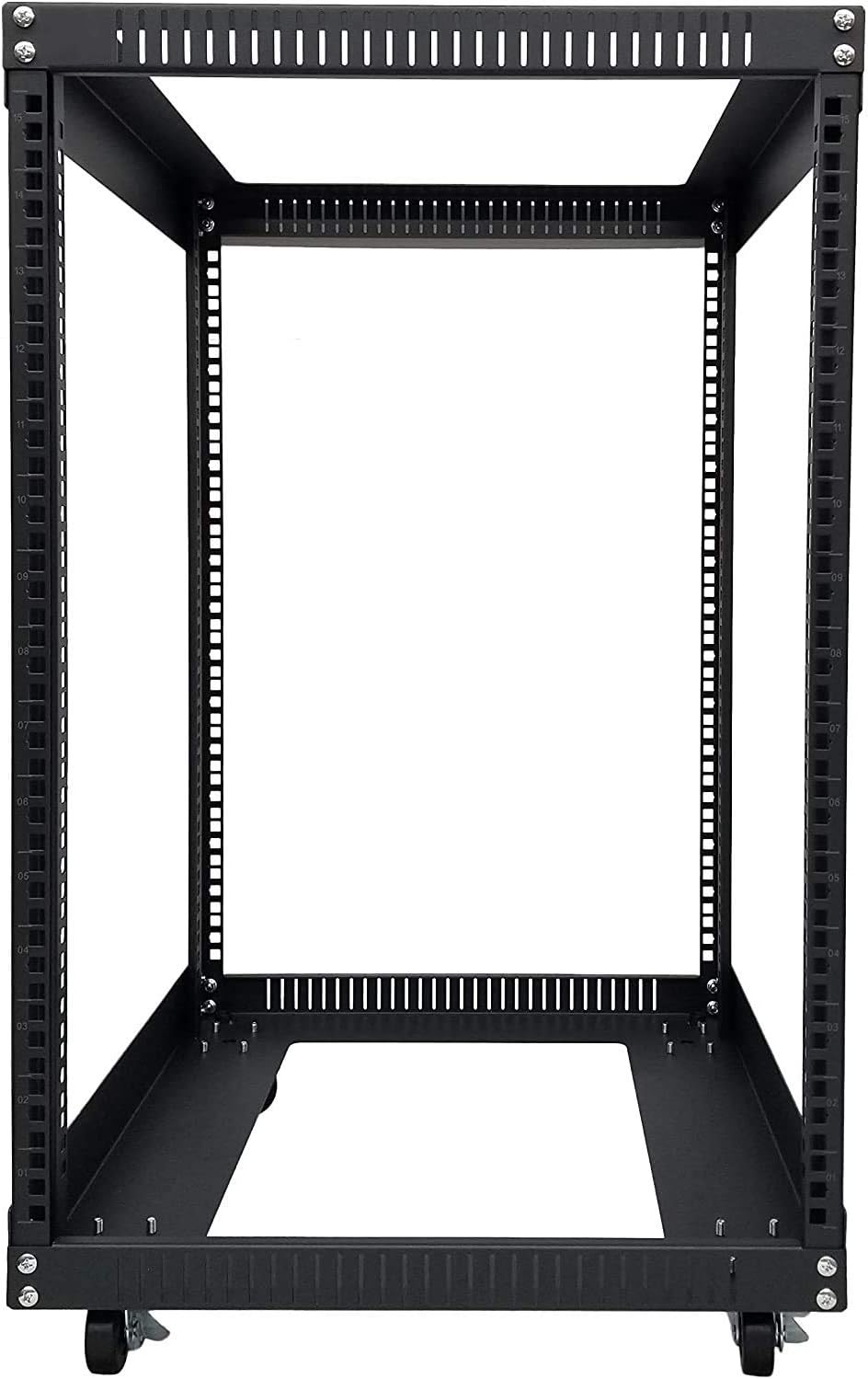 Server Rack 15U Standing Open Frame Rack with 4 Wheels 4 Posts 19Inch Server Equipment Rack Heavy Duty Cold Rolled Steel for Network Servers & AV Gear (15U)