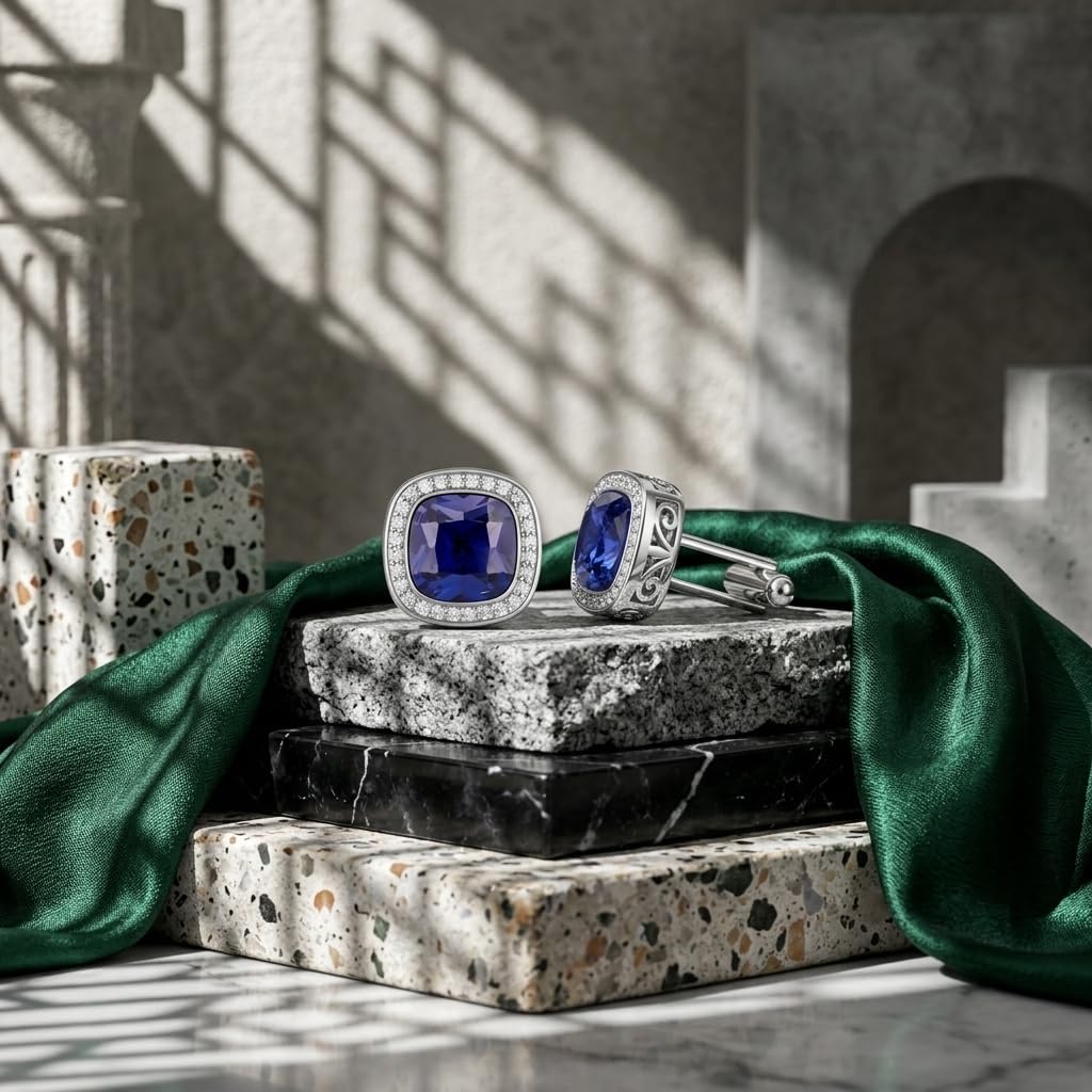 Sapphire Cufflinks 925 Sterling Silver Wedding Tuxedo Cuff Links