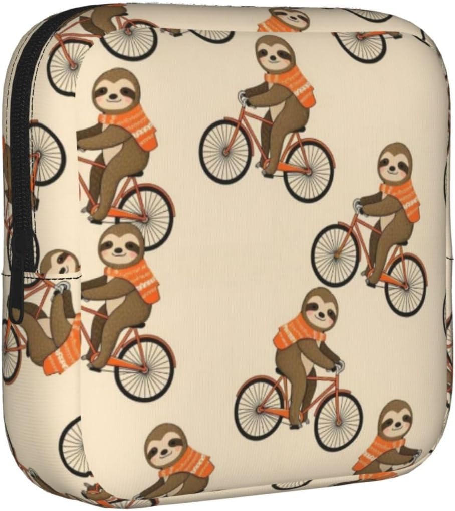 AMRANDOM Sanitary Napkin Storage Bags, Period Tampon Bags Portable Funny Sloth Ride Bike Menstrual Pad Pouch Feminine Pouch First Period Bag Gifts for Women