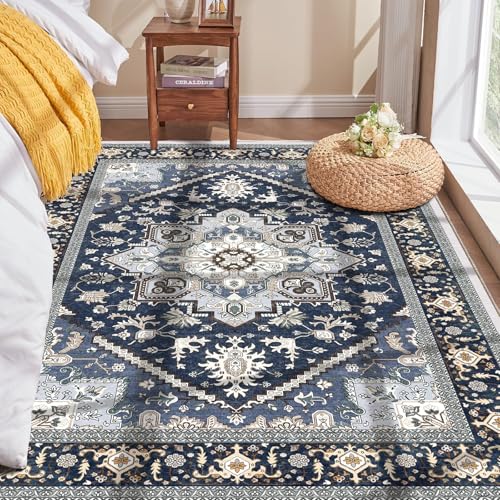 OPPODREAM Soft Area Rugs 4x6, Low-Pile Washable Rugs 4x6 with Non Slip Backing, Faux Cashmere 4 x 6 Throw Carpet, Navy Blue & Gold