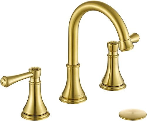 Grifo de fregadero de baño de oro cepillado de 8 pulgadas generalizado con drenaje emergente de 3 agujeros, grifo moderno de 2 asas para