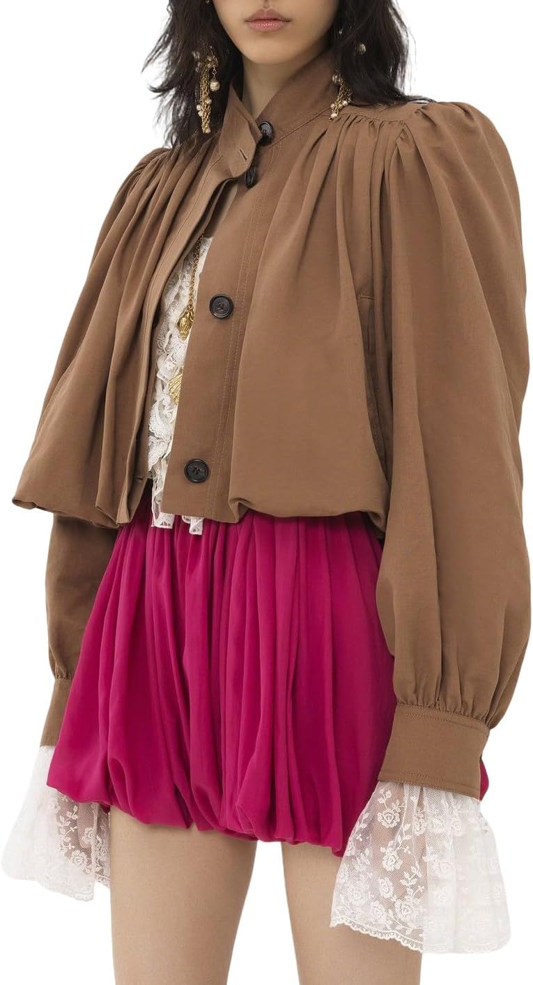 CHARTOU Women Fall Pleated Cropped Jacket Coat Stand Collar Single Breasted Puff Sleeve Trench Outwear Coat