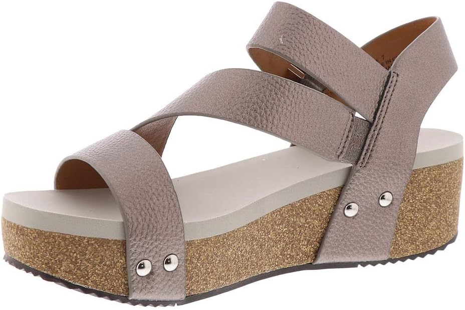 VOLATILE Women's Multi Strap Sandal Wedge, Pewter, 7