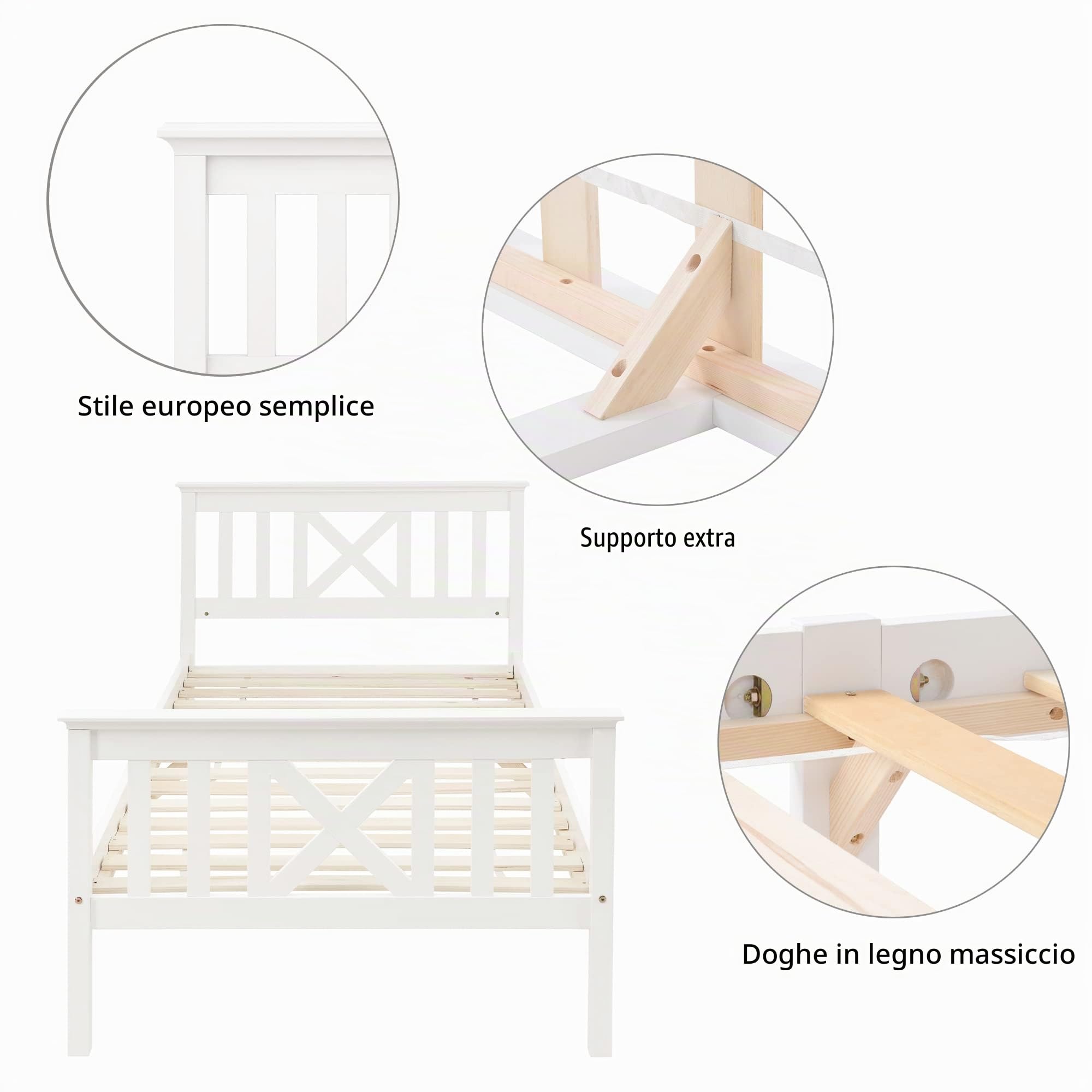 Merax Letto singolo in legno massello 90 x 200 cm, letto in legno con testiera e rete a doghe, struttura in stile rustico, letto per ragazzi e ragazzi, in pino massiccio, solo struttura del letto,