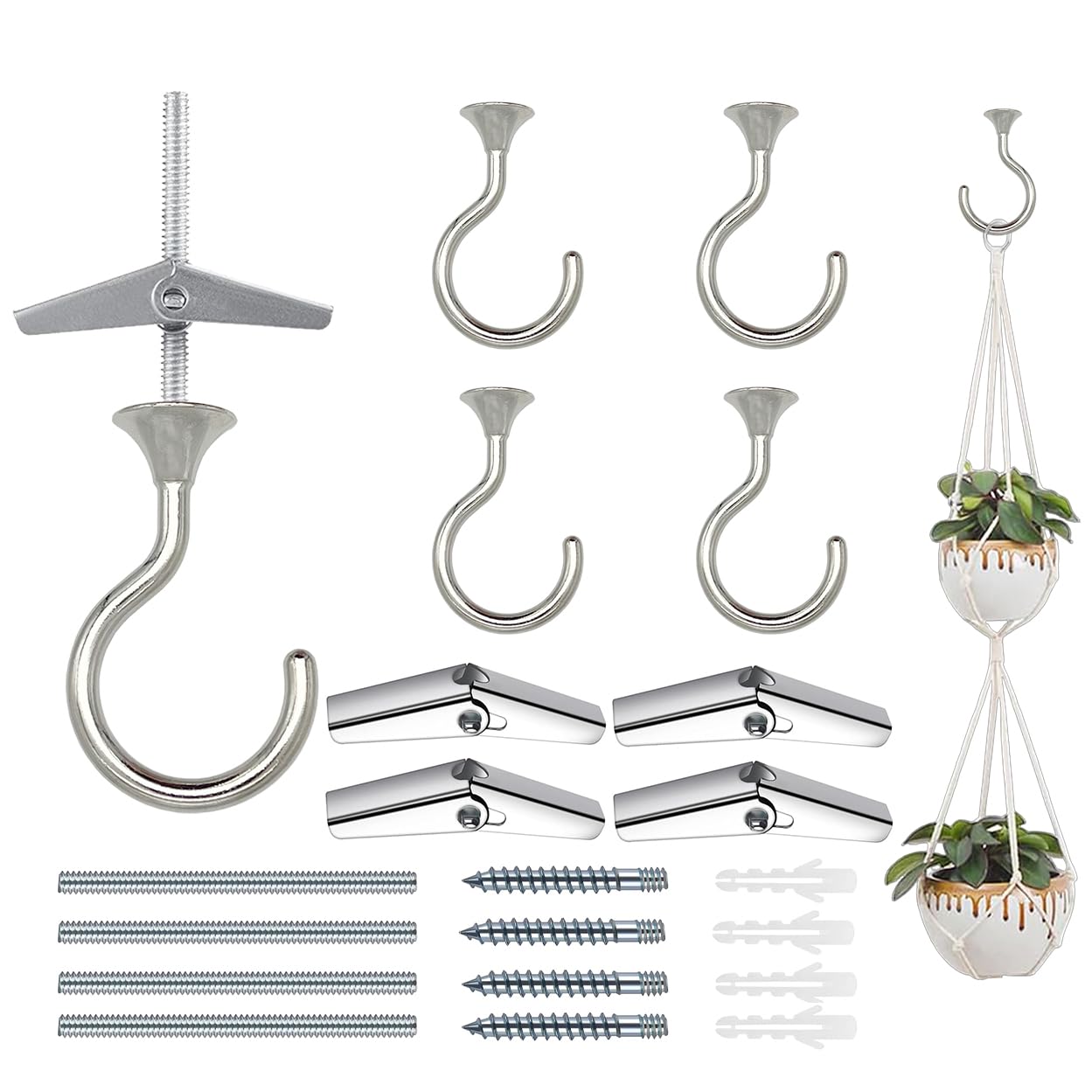 Heavy Duty Ceiling Hooks for Hanging Plants 4 Pack (Silver)