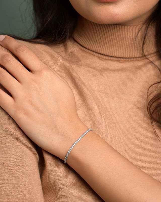 Image of Clara 925 Sterling Silver Slim Tennis Bracelet | Multiple Options|Adjustable, Platinum Plated, Swiss Zirconia 2mm | Gift for Women and Girls