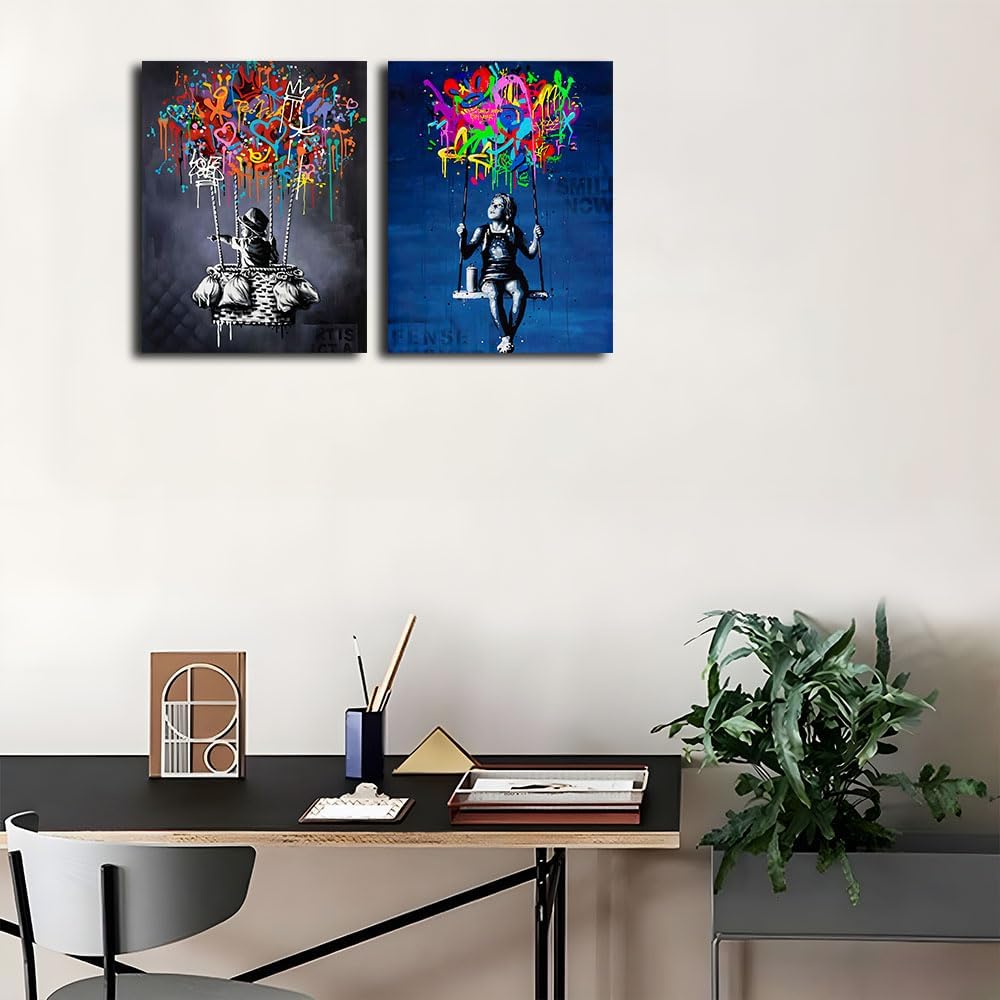 Framed Banksy Street Graffiti Wall Art Decor Large Abstract Pictures Canvas Painting Prints Colorful Modern Contemporary Poster Artwork Stretched for Wall Home Bathroom Bedroom Living Room Ready Hang