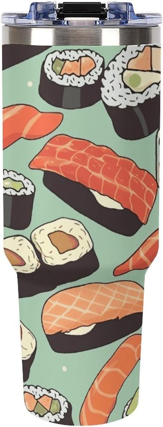 Sushi Food Pattern Tumbler 40 Oz with Handle&Lid Large Car Cup Stainless Steel Vacuum Travel Mug Insulated Water Bottle Leak-proof Portable Coffee Cup for Home Car Outdoor