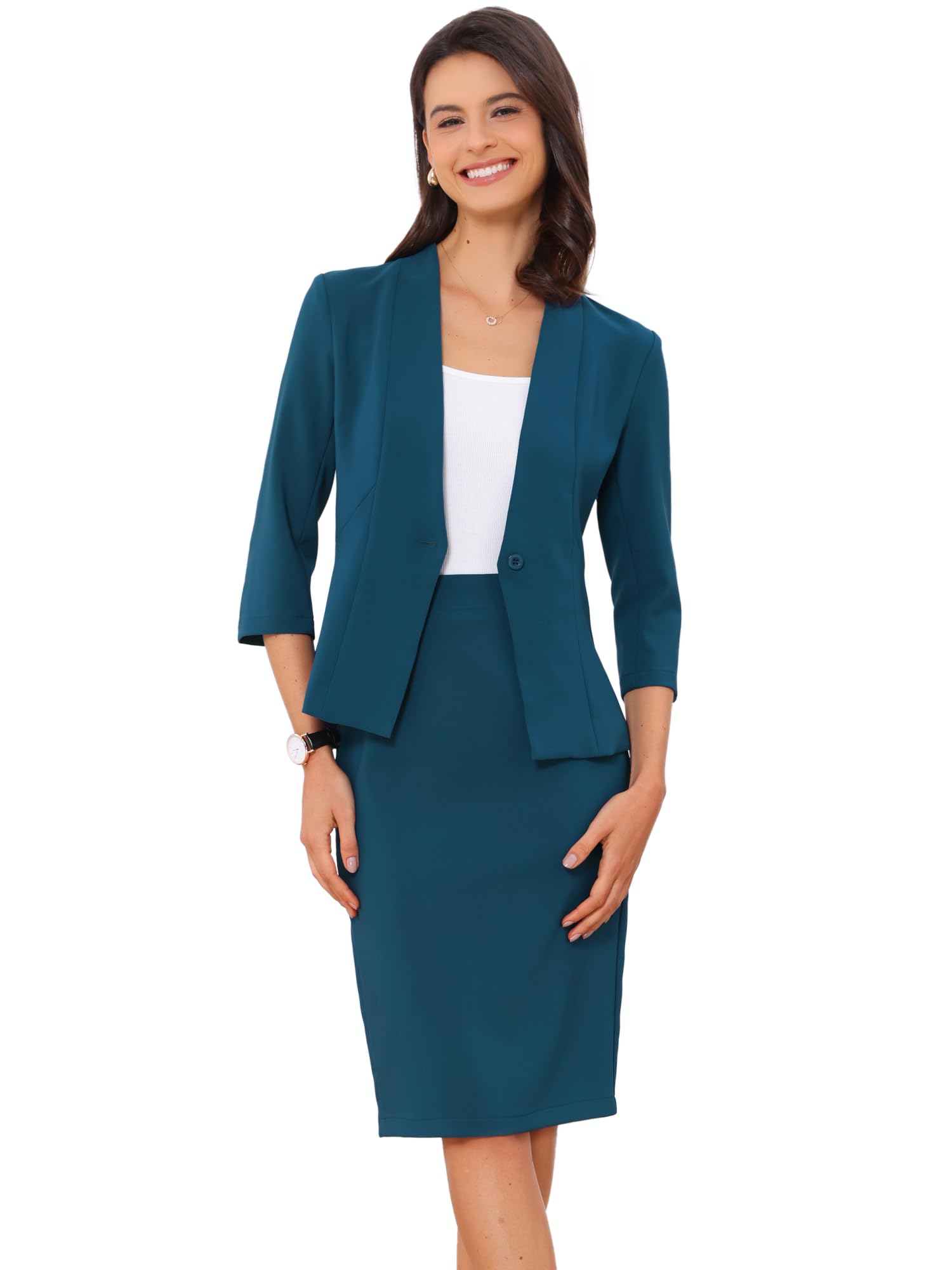 Allegra K Donna Set Gonna da Lavoro per Gonna A Tubino Blazer Senza Colletto in 2 Pezzi da Ufficio