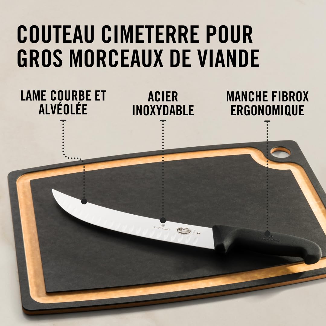Victorinox Fibrox Couteau cimeterre avec lame alvéolée, Couteau de boucher tranchant pour gros morceaux de viande, 25 cm, Lame incurvée, Inox, Noir