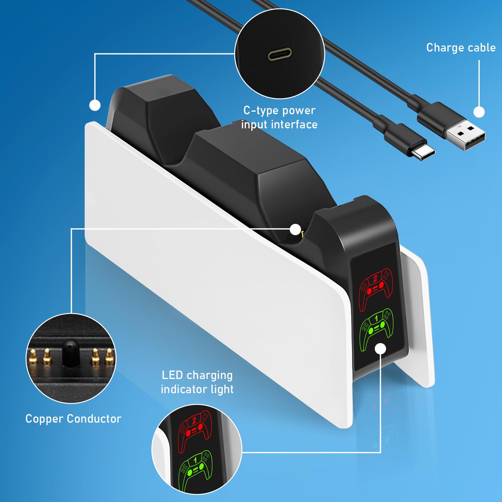 PS5 Controller Ladestation, PS5 Ladestation Controller mit LED Anzeige, 2 Std Schnellladung Ladestatio mit Typ-C Ladekabel für PlayStation 5 Edge, PS 5 Zubehör(Weiß)