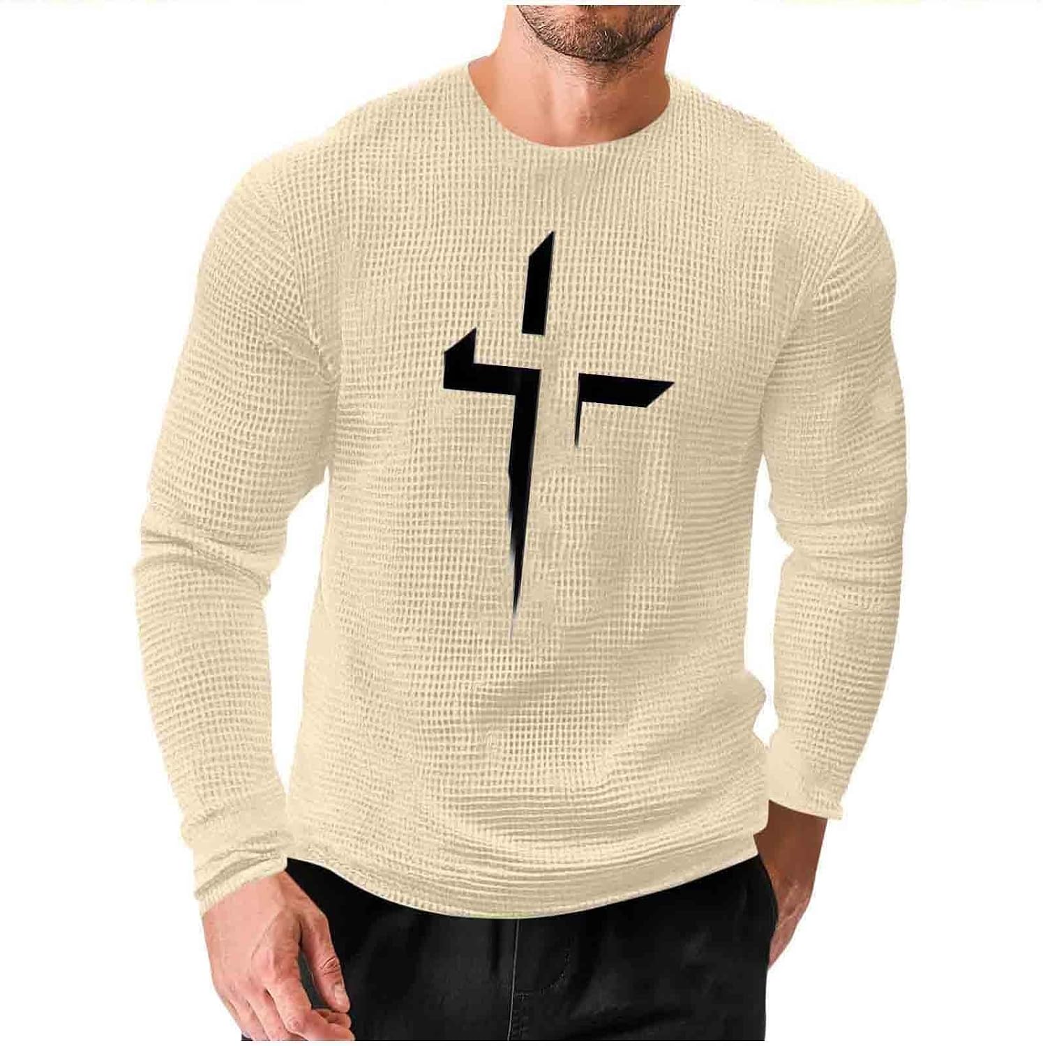Men's Waffles Shirts Fashion Cross-Print Long Sleeves Crewneck Loose Comfy Pajamas Tops Sports Workout T-Shirts