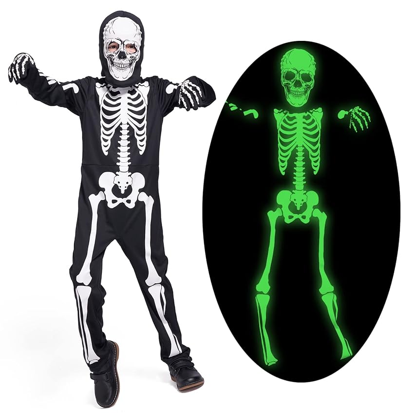 Sincere Party Costume da scheletro bagliore al buio con ossa con guanti, ottimo per bambini di 5-7 anni