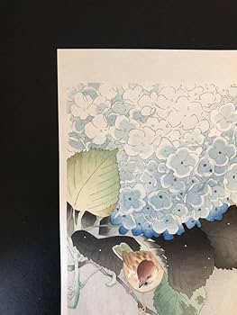 Amazon.co.jp: 復刻版 小原古邨 紫陽花に雀 手摺り木版画 新版画