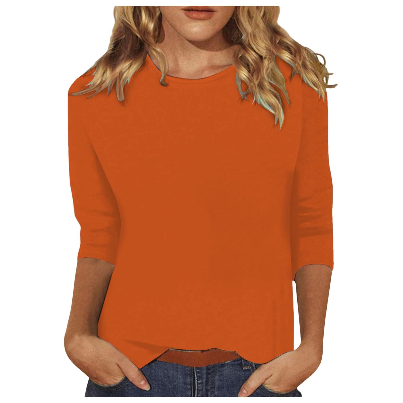 Generic Camiseta de manga 3/4 para mujer, cuello redondo, manga larga, color negro, camiseta larga, tallas grandes, holgada, elegante, larga, camiseta larga para niñas, naranja, L
