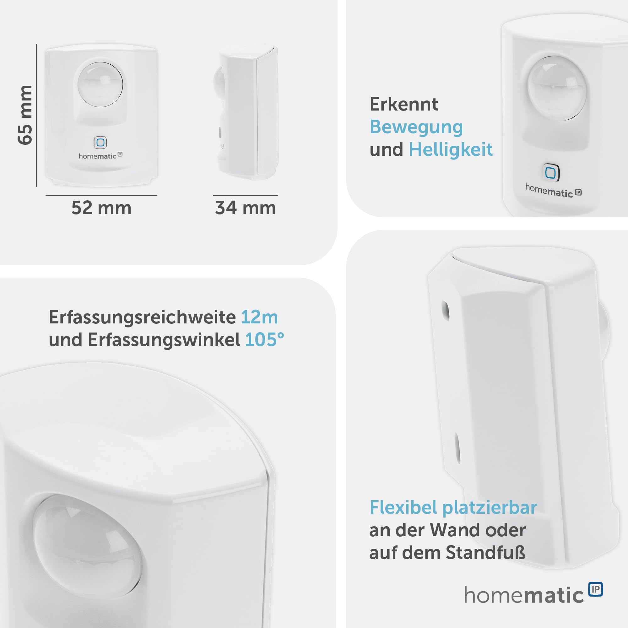 Homematic IP Smart Home Bewegungsmelder mit Dämmerungssensor – innen, Zubehör für Smart Home mit App-Funktion, für Alarmlösung, schaltet Leuchten, Energie sparen, 142722A0