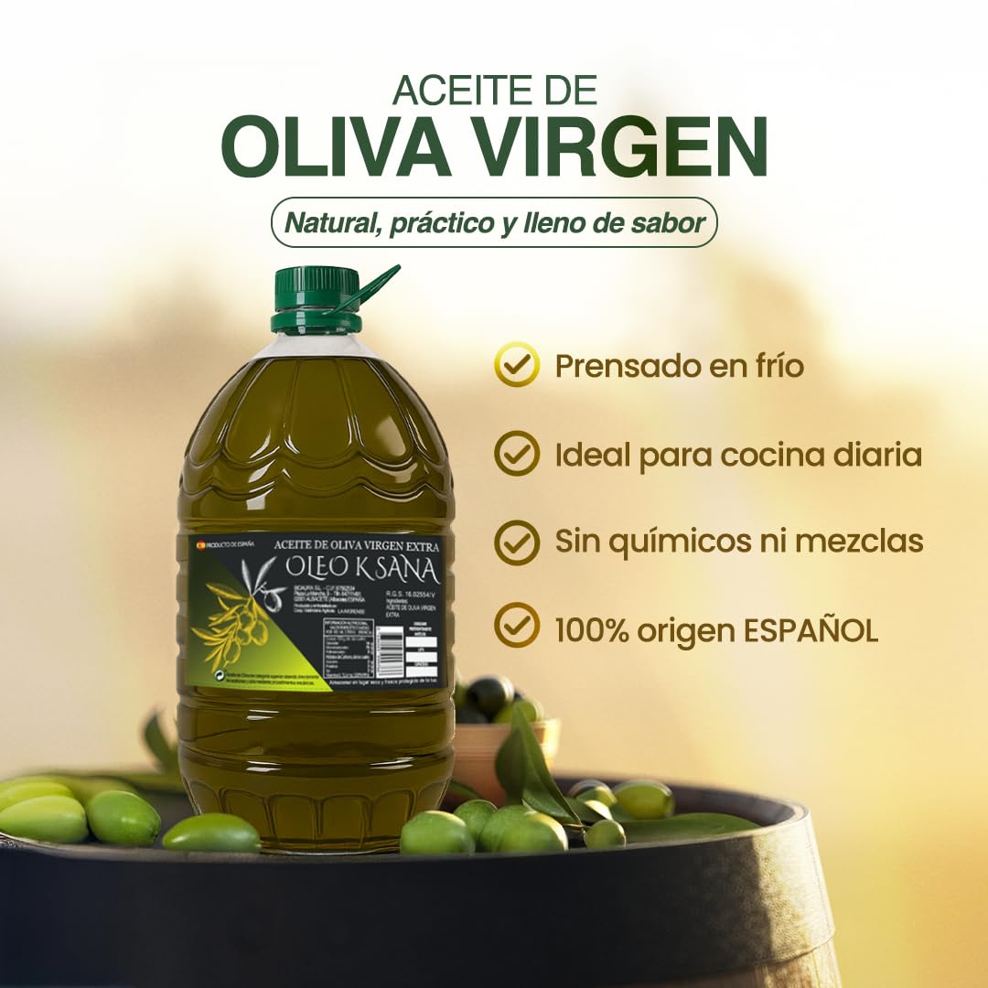 Oleo Ksana Aceite de Oliva Virgen Extra 5 Litros, Prensado en Frío, Nueva Cosecha, Sin Mezclas, Valencia con Dosificador incluido
